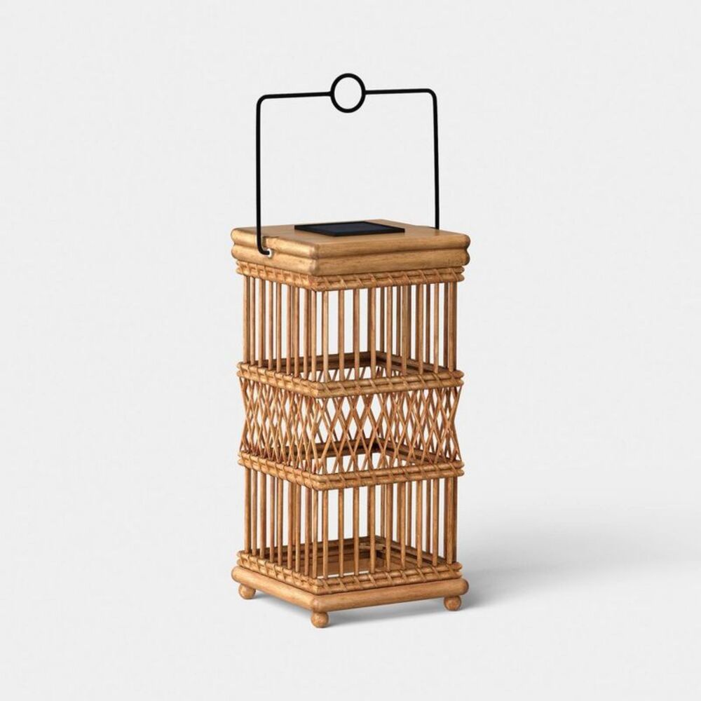 Open Weave Battery/Solar LED Outdoor Large Lantern Beige - Threshold